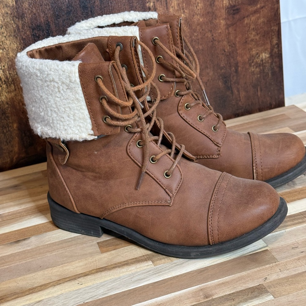 Faux Leather Lace-Up Ankle Boots with Sherpa Cuff - Brown